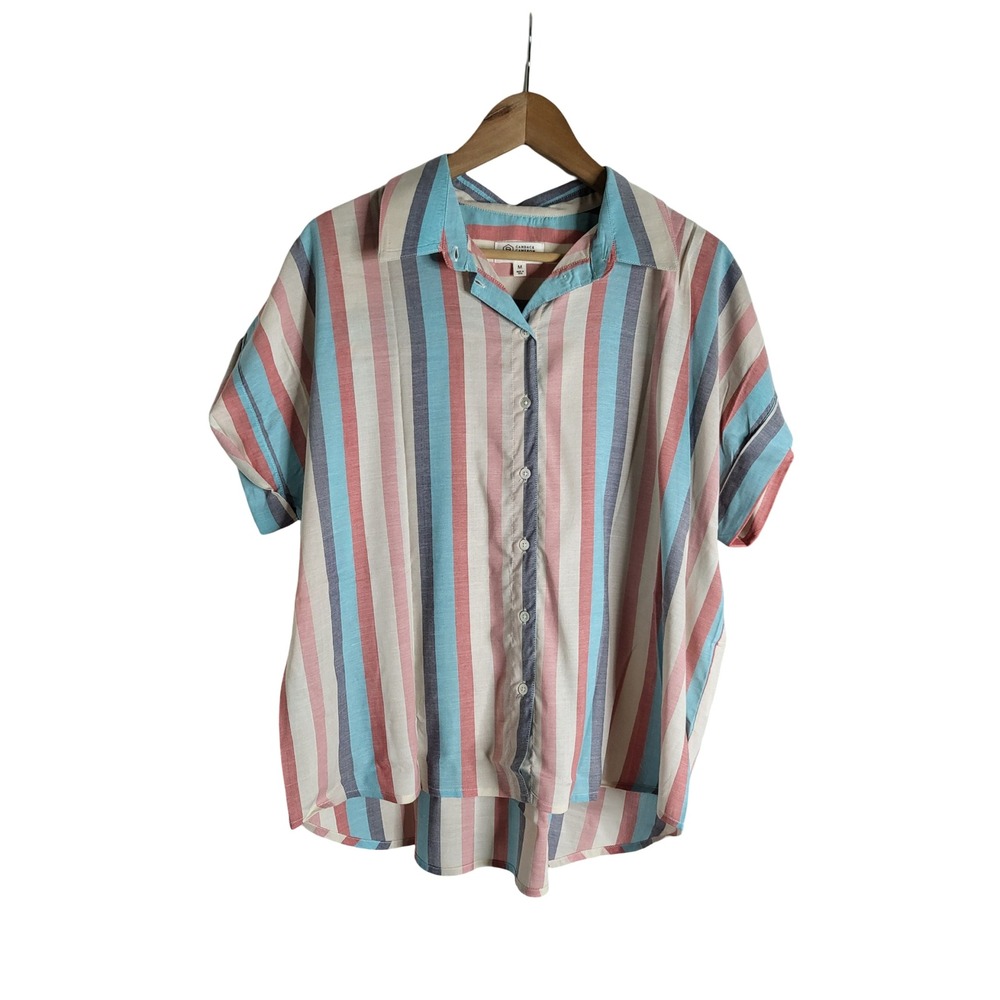 Candace Cameron Multi Color Striped Short Sleeve Button Shirt M Retro Revival